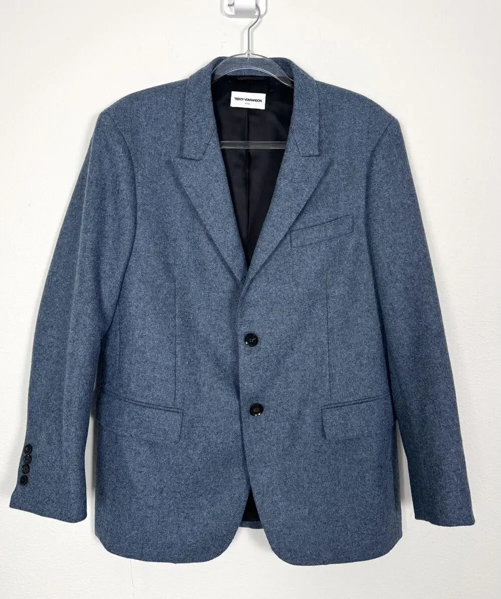 Teddy Vonranson Sport Coat Blazer Mens 42 Blue Wool Silk Tweed Single Breasted